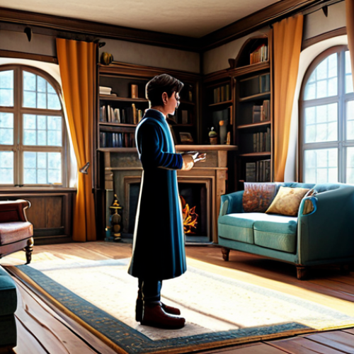 A fantasy MMORPG character, a young adult in modest, comfortable attire, standing contemplatively in their beautifully decorated home. The room features a cozy fireplace, an elegant bookshelf, and a comfortable armchair. Sunlight streams through a large window, illuminating the intricate details of the decor, which blends fantasy and rustic styles. The character is fully clothed, appropriate attire, professional dress, safe for work, appropriate content, perfect anatomy, correct proportions, natural pose, well-formed hands, proper finger count, natural body proportions, professional photography, high quality.