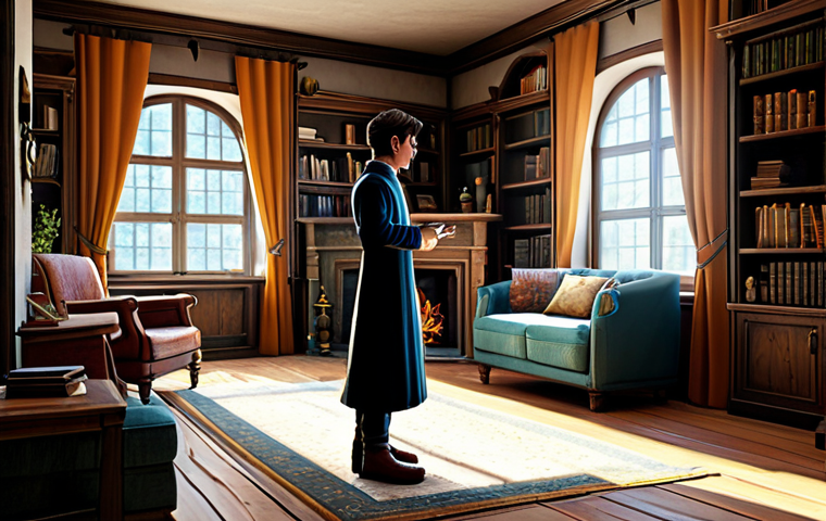 A fantasy MMORPG character, a young adult in modest, comfortable attire, standing contemplatively in their beautifully decorated home. The room features a cozy fireplace, an elegant bookshelf, and a comfortable armchair. Sunlight streams through a large window, illuminating the intricate details of the decor, which blends fantasy and rustic styles. The character is fully clothed, appropriate attire, professional dress, safe for work, appropriate content, perfect anatomy, correct proportions, natural pose, well-formed hands, proper finger count, natural body proportions, professional photography, high quality.